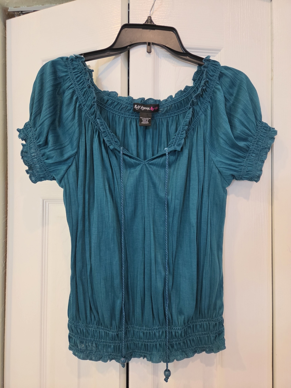 Vintage y2k Self Esteem Teal Peasant Blouse - Short Sleeve Women's Top